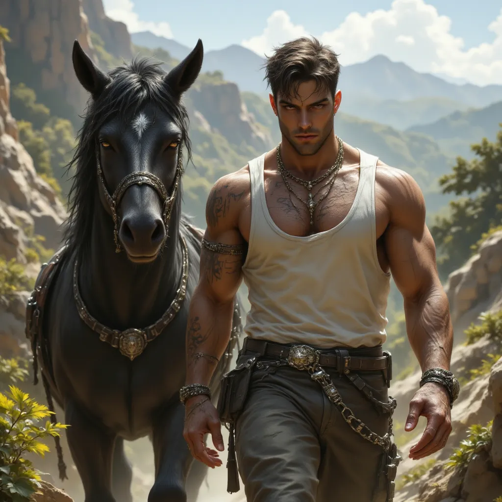 A muscular man in a white tank top and jeans leading a horse, movie still. The image is in the style of a realistic painting. --v 6.0 --style raw