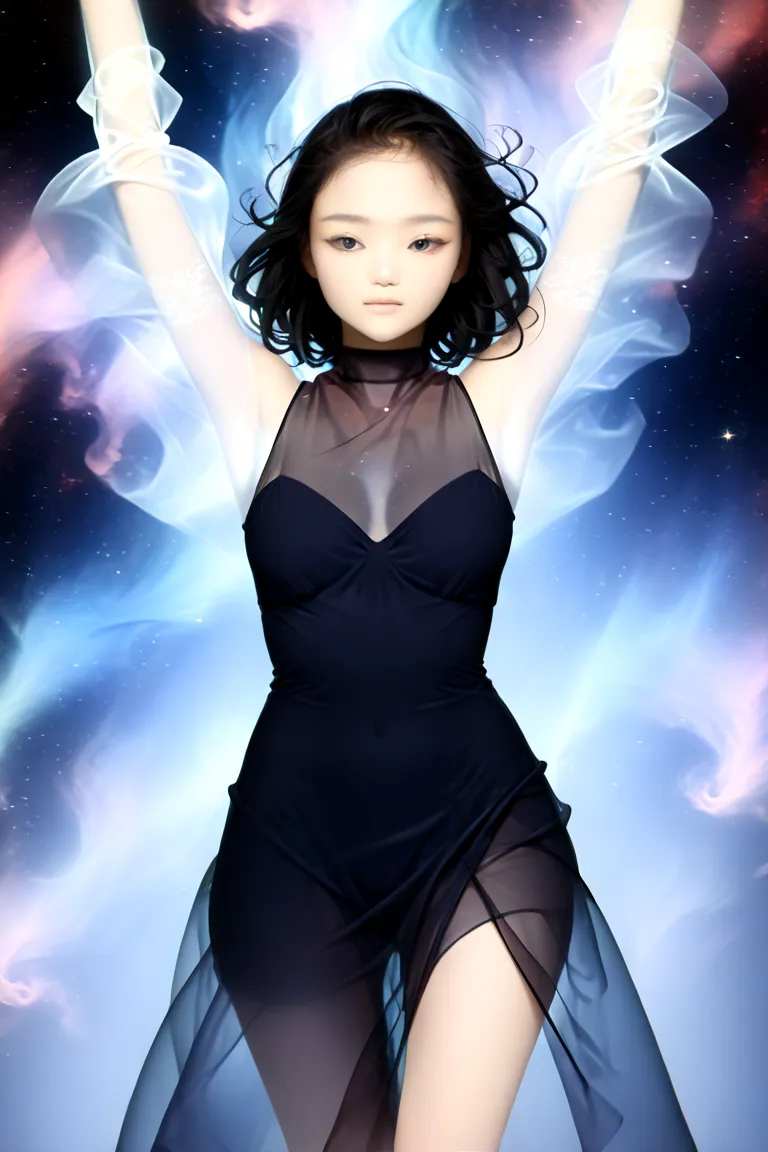 (in style of John Bauer:0.8),(in style of Nick Veasey:1.5),
1Cute 18 year old Japanese high school girl 、 very cute face、Very fair skin,(black silhouette body:1.2),dress(translucent arms,it was as if there was a nebula swirling in arms,nebula's glowing arm...