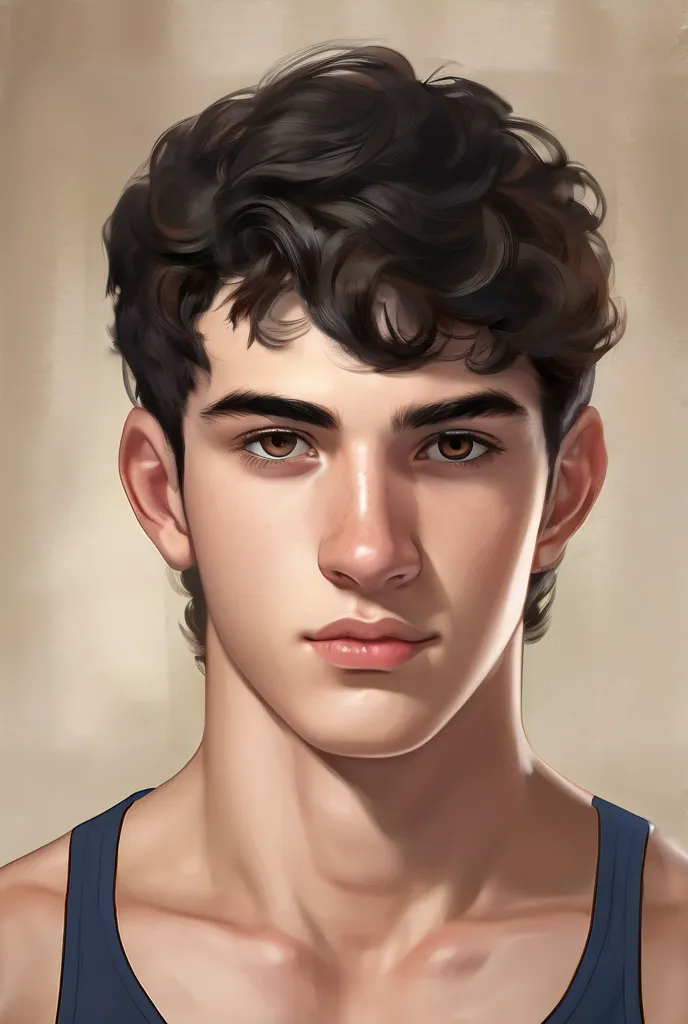 Portrait of a handsome 17-year-old male ager with short black hair, white skin and brown eyes, has a large Greek nose, oval face, with an athletic physique, he practices boxing and is originally from San Marino. 