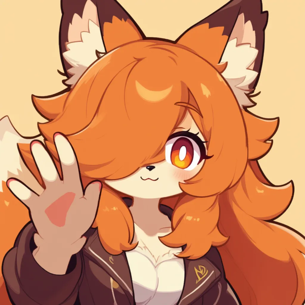 Fox girl, Queen,  wavy orange hair, long and with a tuft covering his left eye, And his orange right eye, The brown upper part of the osico and its light brown skin, taking a selfie while greeting the camera with his hand  