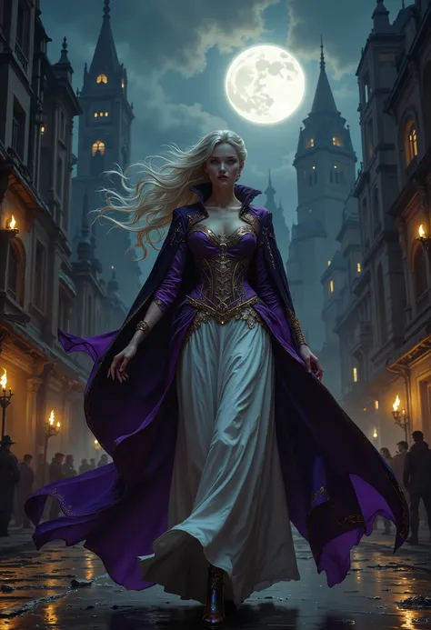 comic art, fantasy art, RPG art, ultra wide shot, a picture of a vampire queen walking in a windy day, in the big city, a beautiful mature vampire queen, elegant vampire, dynamic hair color, dynamic hair style, wearing intricate white silk dress,  billowin...