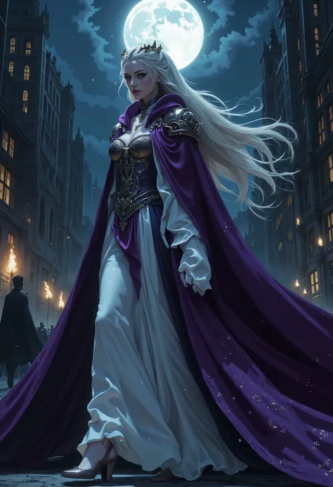 comic art, fantasy art, RPG art, ultra wide shot, a picture of a vampire queen walking in a windy day, in the big city, a beautiful mature vampire queen, elegant vampire, dynamic hair color, dynamic hair style, wearing intricate white silk dress, billowin...