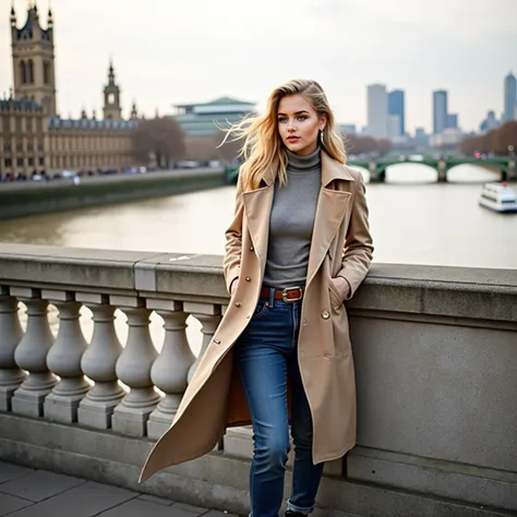 A 20-year-old blonde woman with striking blue eyes is in England, standing on a historic stone bridge overlooking the River Thames in the heart of London. She wears a stylish beige trench coat over a fitted turtleneck sweater and high-waisted jeans, paired...