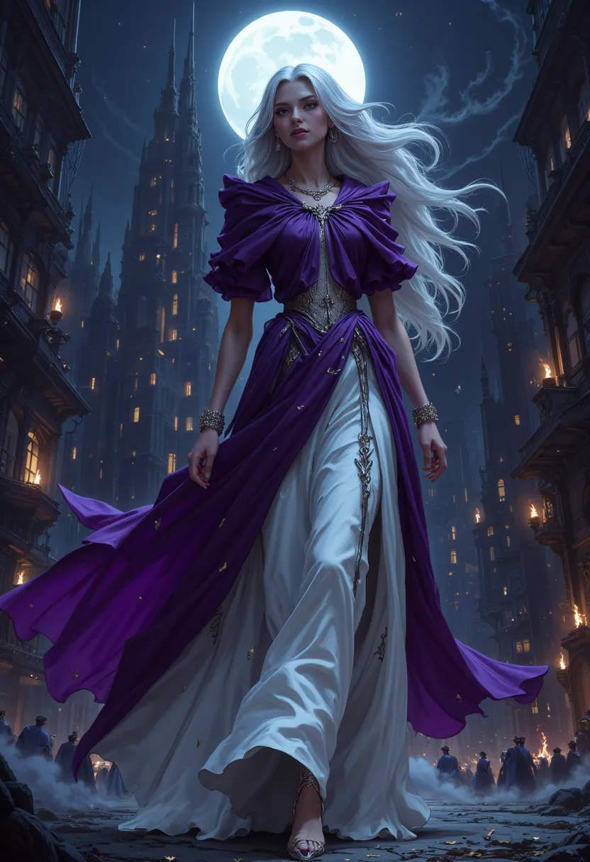 comic art, fantasy art, RPG art, ultra wide shot, a picture of a vampire queen walking in a windy day, in the big city, a beautiful mature vampire queen, elegant vampire, dynamic hair color, dynamic hair style, wearing intricate white silk dress,  billowin...