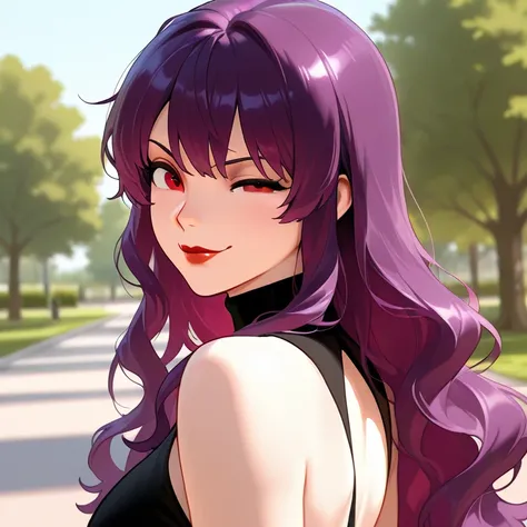 Violet Hair, Red Eyes, Red Lips, Breasts, Turtleneck Dress, Black Dress, Solo, Looking at viewer, Round Eyes, Proud Smirk, Outside, Park, Sleeveless Dress, Heart, Backless Dress, Very Wavy Hair, Bangs, Wink, Loose Hair