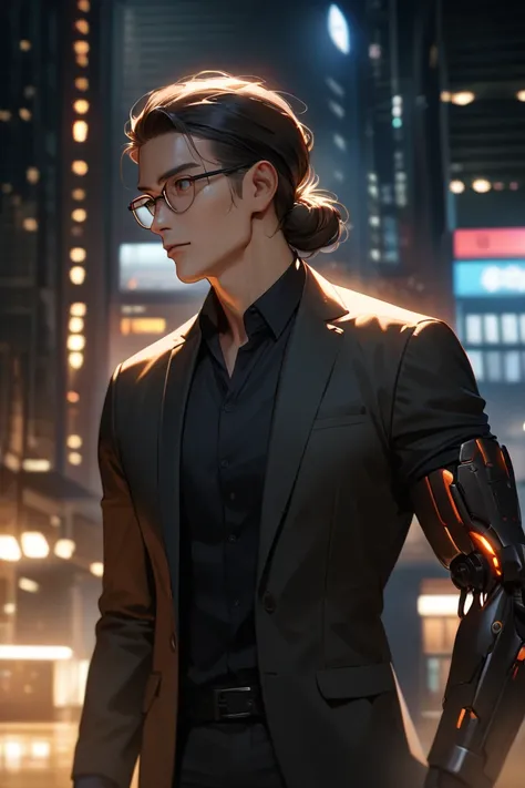 man, high, with glasses,  hair tidy, black shirt,  black pants, with a modified red arm, standing