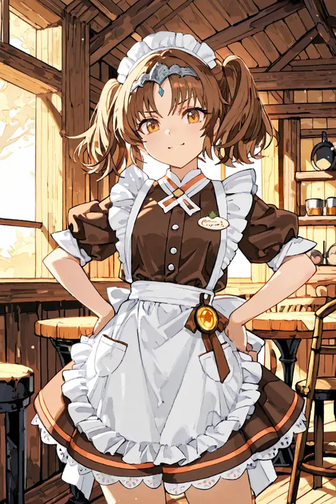 1girl.brown twintails,medieval waitress outfit,hands on her hips,anime