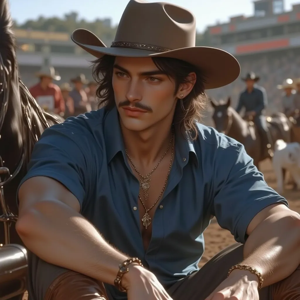 A photo of an attractive man with long hair and mustache wearing a blue short-sleeve shirt and cowboy hat sitting on the ground, with tan skin, brown eyes, cowgirl boots, clean shaven, with a blurry background of a rodeo in Texas, Instagram photo. The man ...