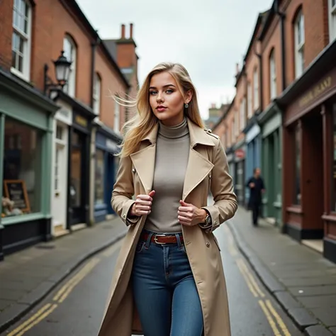 A 20-year-old blonde woman with striking blue eyes is in England, walking along a narrow cobblestone street in a historic town. She wears a stylish beige trench coat over a fitted turtleneck sweater and high-waisted jeans, paired with elegant ankle boots. ...