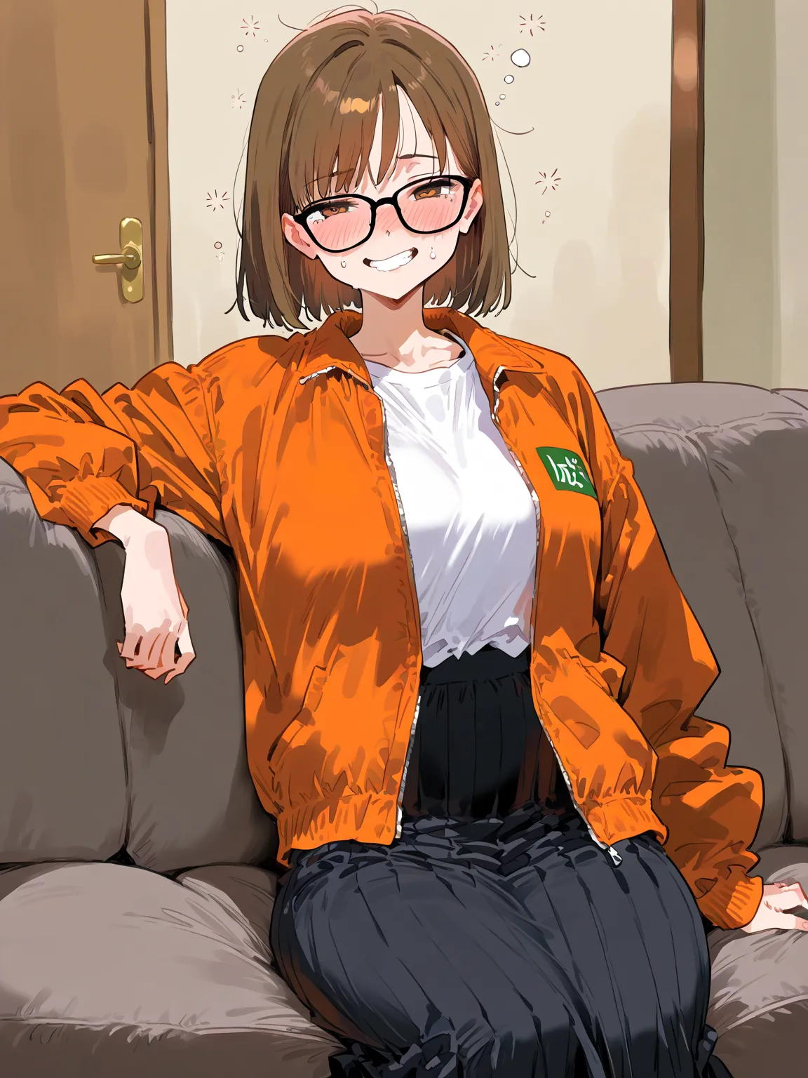 living room, sofa, 1girl, solo, \(glasses, short hair, straight hair, part bangs, brown hair, orange jacket, white t-shirt, long black skirt, brown eyes\) disoriented, drunk face, drunk