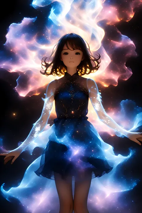 (in style of John Bauer:0.8),(in style of Nick Veasey:1.5),
1Cute 18 year old Japanese high school girl 、 very cute face、Very fair skin,(pretty silhouette body:1.2),dress(translucent arms,it was as if there was a nebula swirling in arms,nebula's glowing ar...