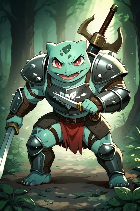 Furry, solo,anthropomorphic character, bulbasaur, mercenary, armored, blocking the way, holding stave, undertale setting 