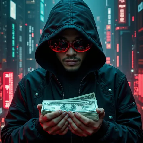 Man with a hood and red glasses with money in his hands, technological background 