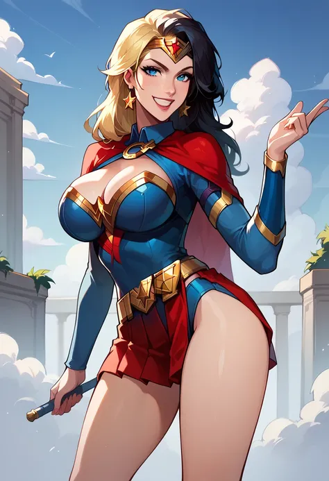 DC_Comics_Supergirl BREAK long blonde hair,yellow belt BREAK blue eyes,blue shirt BREAK red cape,red skirt, anime, Wonder Woman, long black hair, blue eyes, smile, pechos grandes copa d., BIG BREASTS, cleavage, leotard, tiara, jewelry, solo , two tone hair...