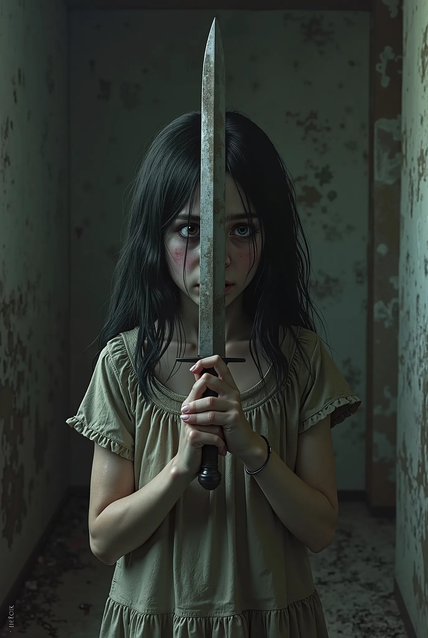 Generate an image of an  girl, with black hair over her face, with pale skin holding a dagger. With a look and with fear and ragged clothes
Behind a dirty and dark place