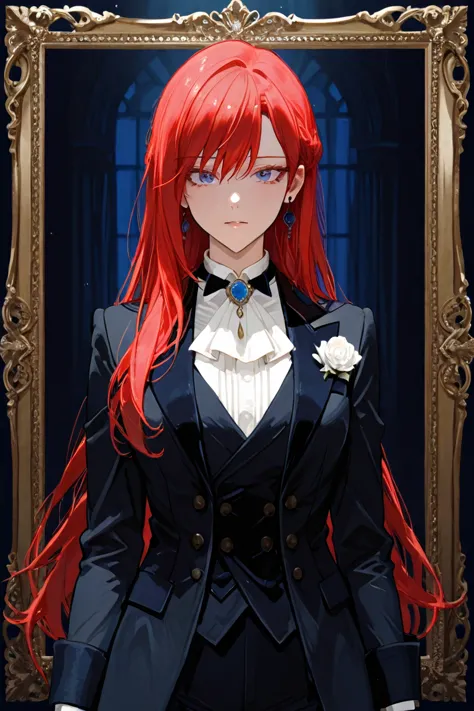 A charming anime illustration of Aurora Weiss, a woman with a "ish" charm, blending her heroic presence with the elegance of her butler suit. Her short red hair is neatly styled, framing her face as her navy blue eyes shine with admiration. The butler suit...