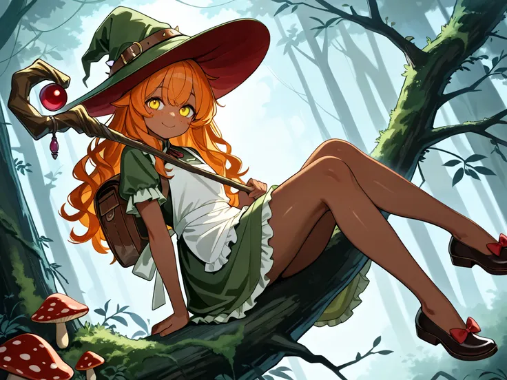 a witch with tanned dark skin covered with freckles. She has yellow whites of her eyes and scarlet irises. She has loose ginger red wavy hair, long to her feet. She wears a swampy green medieval witch's dress and an apron with two pockets. You're wearing ...