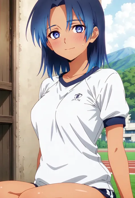 (anime screencap, masterpiece, best quality), Intricate details, indirect lighting, upper body, (Focus on the breasts), looking at viewer, sitting, full body, 1girl, medium breasts, (covered nipples:0.7), blue hair, blue eyes, blush, tan, gym uniform, outd...