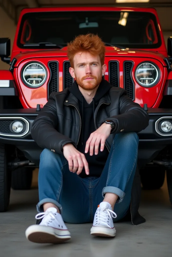 A London man whit red hair Wearing black jacket leatther Wearing blue jeans wearing Black watch wearing white Converse shoes sitting with a woman in front of a red Jeep Wrangler mobile with a background  Car garage with facing Front of camera 