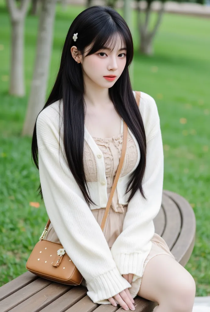 Ultra realistic photography of Korean female model with oiled porcelain skin with oversized big breast, with very long wavy black hair. fit skinny body, She has facial aesthetic of kpop Idol Karina.  
sits playfully on a curved wooden bench in a serene out...