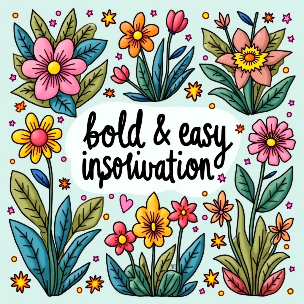 I draw Flowers, hearts, stars, arranged shapes, and motivational words in different shapes and colors. In the middle, there is a phrase that says, 'Bold and Easy Inspirational Coloring Book' Use warm colors like beige, brown, and soft green to enhance the ...