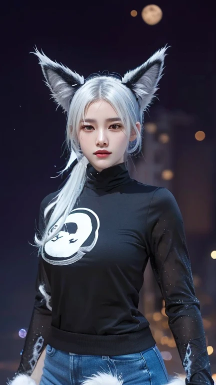 a close up of a person wearing a cat headdress and a black shirt, lunar themed attire, tifa lockhart with white hair, inspired by Leng Mei, full body xianxia, attractive cat girl, silver hair (ponytail), as a character in tekken, yun ling, inspired by Li M...