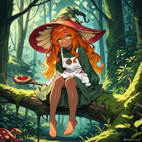 a witch with tanned dark skin covered with freckles. She has yellow whites of her eyes and scarlet irises. She has loose ginger red wavy hair, long to her feet. She wears a swampy green medieval witch's dress and an apron with two pockets. You're wearing ...