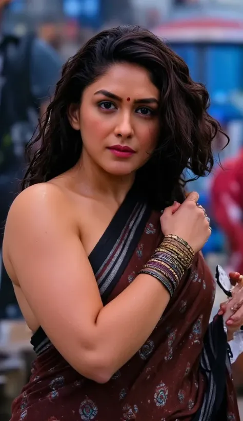 A woman in a wet, translucent saree stands in the rain, twisting her body to the side as droplets slide down her skin. Her saree clings to her, revealing every curve, her hair whipping in the wind. She looks at the viewer with an intense, teasing gaze, her...