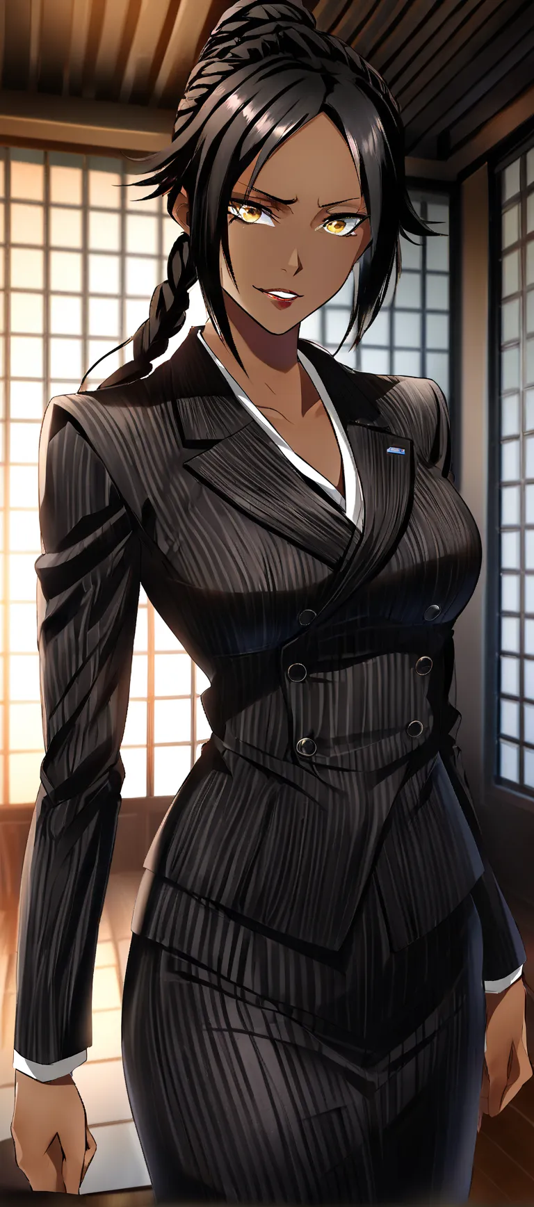 Thin Black business woman with cornrows while wearing a black pinstripe suit and pinstriped skirt on 