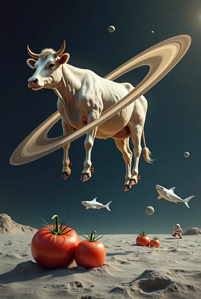 a cow floating in space, but not just any cow: their body is fused with the rings of Saturn. The rings surround his torso and legs, as if they were their skin, while their head has typical bovine eyes, but instead of horns, has small moons orbiting around ...