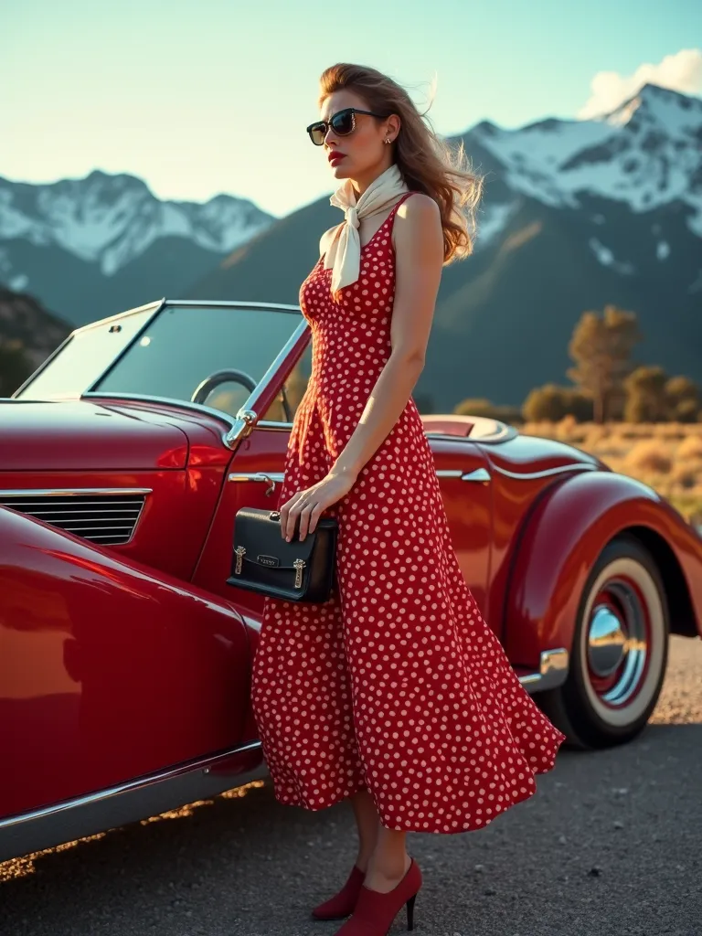 A stunning woman dressed in a vintage outfit, standing confidently beside a sleek, retro car in the majestic backdrop of the mountains. She is wearing a red polka-dot dress that flutters gently in the breeze, complemented by a white scarf tied around her n...