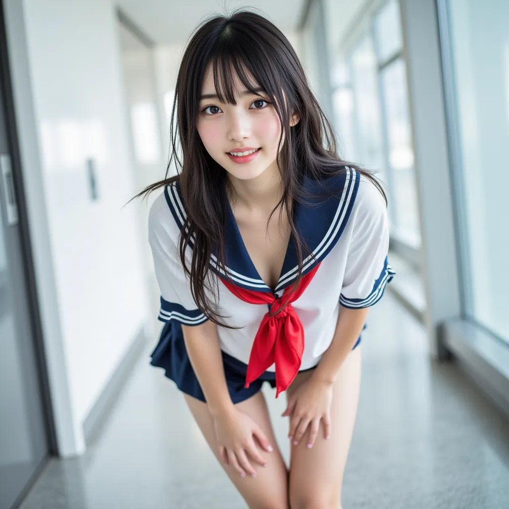  masterpiece、High sensitivity、   oconnor  、 8k,   masterpiece, top quality, beautiful Korean woman without pants,   on all fours、   Eye Level Perspective  , smile,  long black hair ,  slender figure, ネイビーブルーのsailor suit, navy blue skirt、Red scarf on the ch...