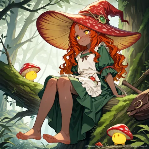 a witch with tanned dark skin covered with freckles. She has yellow whites of her eyes and scarlet irises. She has loose ginger red wavy hair, long to her feet. She wears a swampy green medieval witch's dress and an apron with two pockets. You're wearing ...