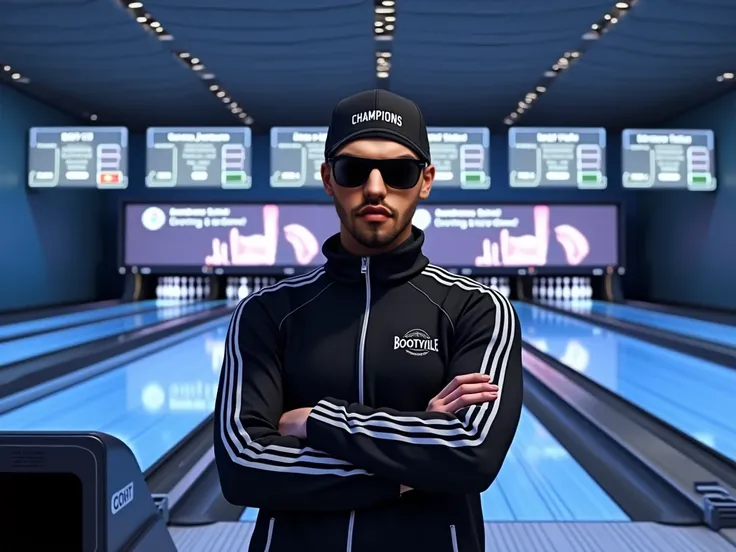 Transformed into a realistic photo, the image features a  standing confidently in a futuristic bowling alley. The character is wearing a black and white tracksuit with bold white stripes running down the sleeves, and a high collar zipped up to the neck. Th...