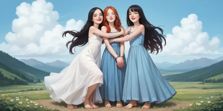 three hot age girls,  long dress , straight black hair, Very long hair, freckles, detailed ribs,  flat breasted,  Medium and pointed breasts, full body, small bare feet, red lips, eyeliner,  smile, over the clouds,  blue sky, sunny, Language, hug