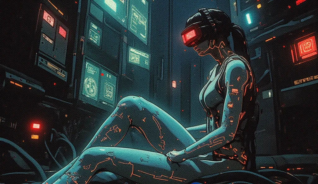 A lone female hacker sits in a dark room, her body covered in glowing data tattoos that pulse with a soft cyan light. She wears high-tech augmented reality goggles displaying multiple holographic windows, filled with red warning symbols. Her fingers are co...