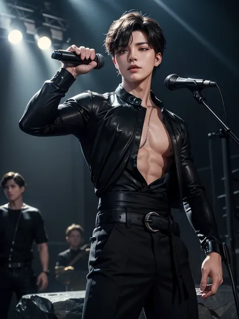 I want you to make me the image of a man on a rock stage, dressed in black who is with a microphone in his hand,  looking at the camera , The boy looks like Jeon Jungkook 
 Let the photo be from the waist up, He is dressed in black, His body is athletic an...