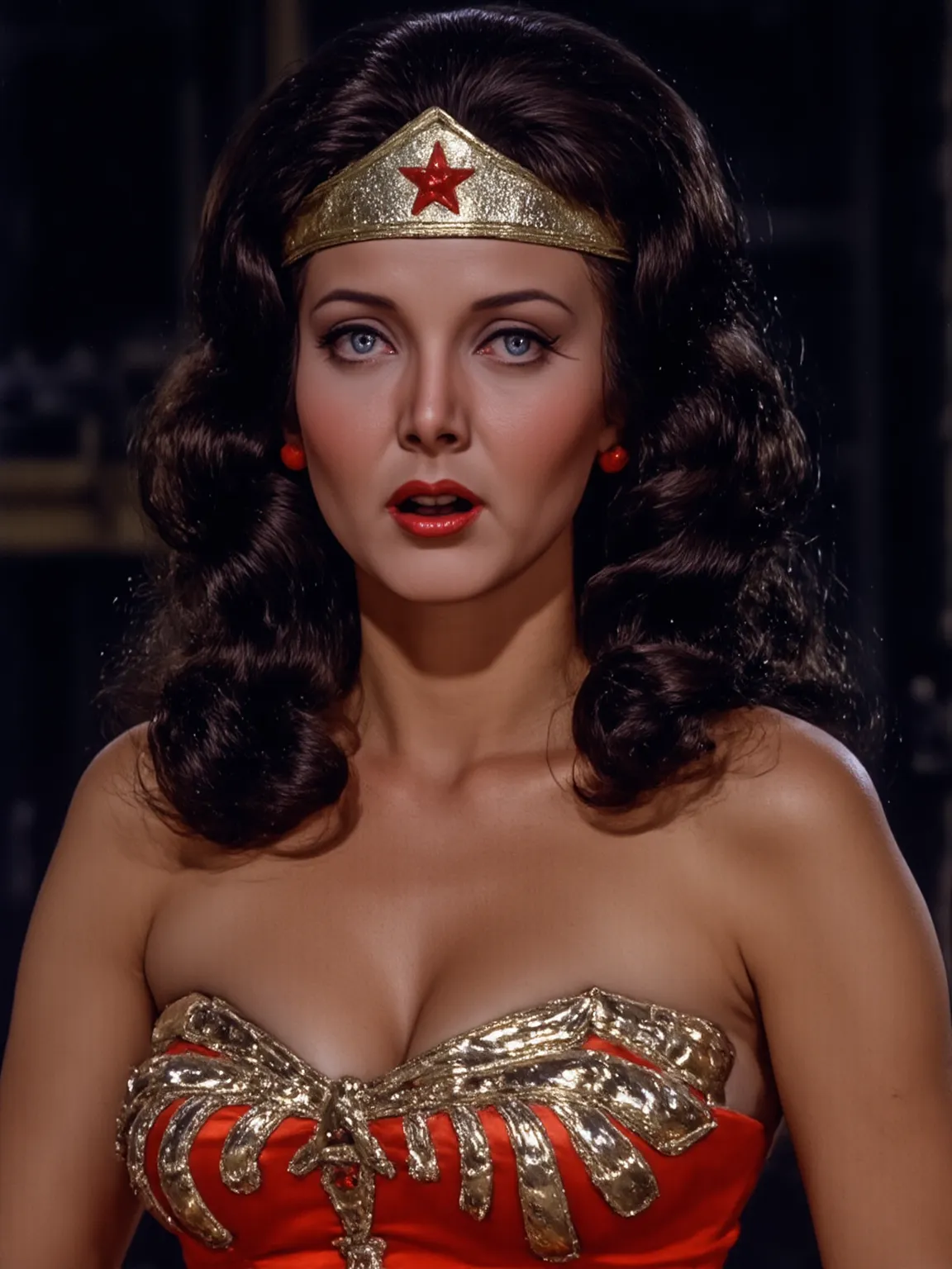 8k, best quality, real picture, photo of young beautiful perfect Lynda Carter as Wonder Woman, She is standing hot , the most beautiful girl in the galaxy wants sex now, open mouth sexy shocked expression, sensual teasing pose standing on a dimly lit hazy ...