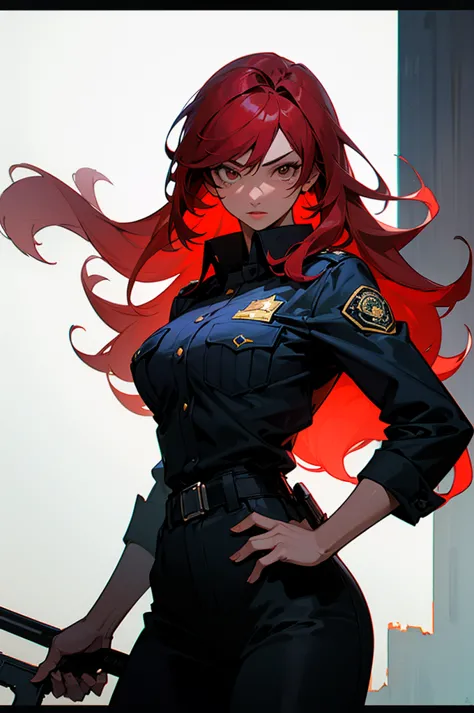 (high quality, 8k, 4k, high contrast, masterpiece:1.2, best quality, best aesthetics), (dynamic angle), Sexy female police officer, Detailed face and body, confident look, (Red hair, long hair), Shiny black uniform, Tactical belt with equipment, Glossy Bad...