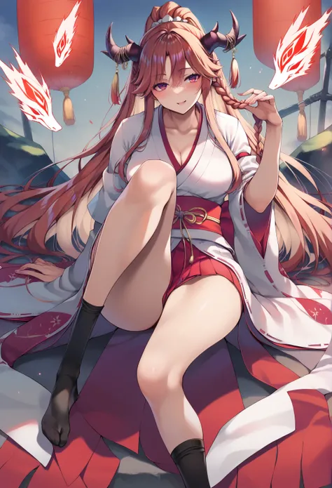  points  _9,  points  _8_go up     ,  points  _7_go up     , source     _anime,    1 girl,  long redhead,Dragon Goddess,braid tied on 2 sides,Long red Japanese miko costume,horned dragon,wire socks,mature body,young girl,sitting,sitting,looking at the view...