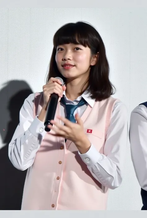 Please make a scene where this girl smiles sadly in the schoolyard where cherry blossoms bloom without holding a microphone。You can see the high school building in the background。