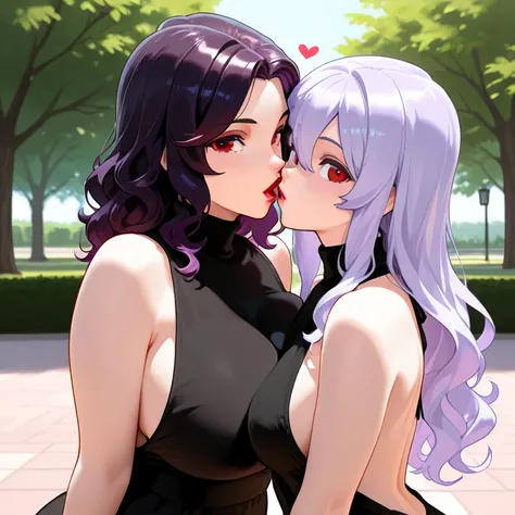 Violet Hair, Red Eyes, Red Lips, Big Boobs, Turtleneck Dress, Black Dress, Duo, Looking at viewer, Round Eyes, Air Kiss, Outside, Park, Sleeveless Dress, Heart, Backless Dress, Very Wavy Hair, Dark Hair, Light Hair, Two Women