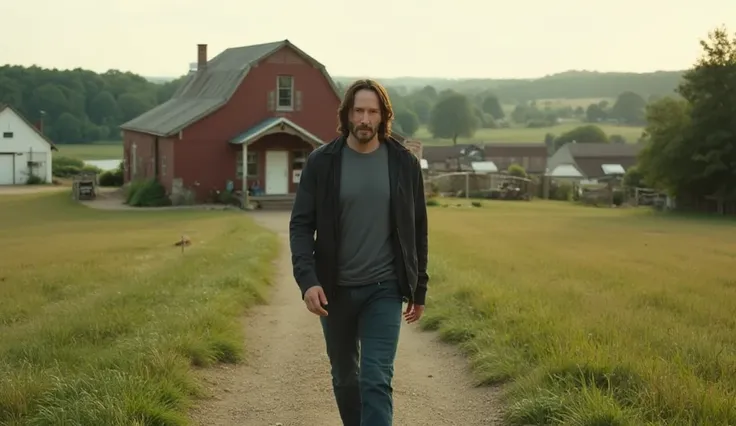 A photorealistic image of a quiet town with a cozy ranch, surrounded by green meadows; Keanu Reeves in the center,  dressed in modern clothes , carefully examines the place,  soft lighting,  realistic details .