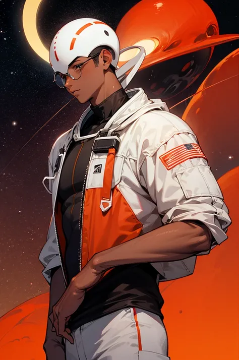 male, young , alien skin color, Red skin color, messy skin color, space background, glasses.