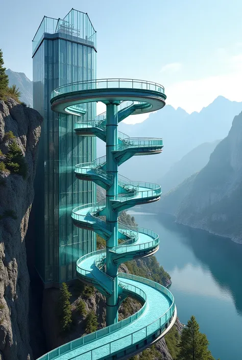 Create a scary all-glass dry attraction at a celestial altitude of 400 meters with a sharp drop down by 90 degrees, then go up and down again and a long extreme run, the whole slide of glass with a transparent cabin, all the turns in the lake and mountains...