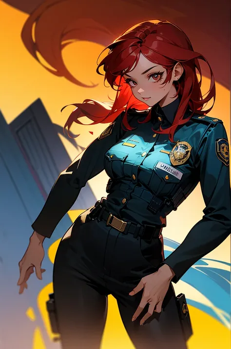 (high quality, 8k, 4k, high contrast, masterpiece:1.2, best quality, best aesthetics), (dynamic angle), Sexy female police officer, Detailed face and body, confident look, (Red hair, long hair), Shiny black uniform, Tactical belt with equipment, Glossy Bad...