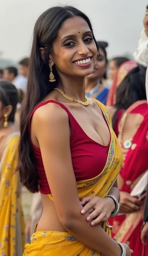 Indian woman standing in indian marriage ceremony, detailed face, looking at viewer, detailed people in background, High Resolution, 16K, High Resolution, Masterpiece, Anatomically Correct, Award Winning, Textured Skin, Realism, (full body portrait)