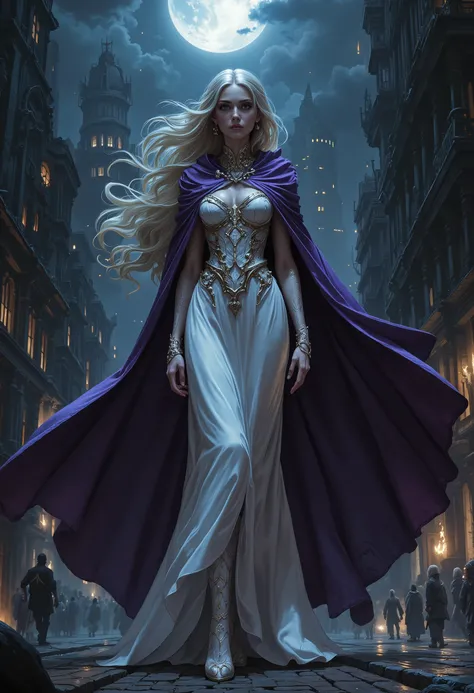 comic art, fantasy art, RPG art, ultra wide shot, a picture of a vampire queen walking in a windy day, in the big city, a beautiful mature vampire queen, elegant vampire, dynamic hair color, dynamic hair style, wearing intricate white silk dress,  billowin...