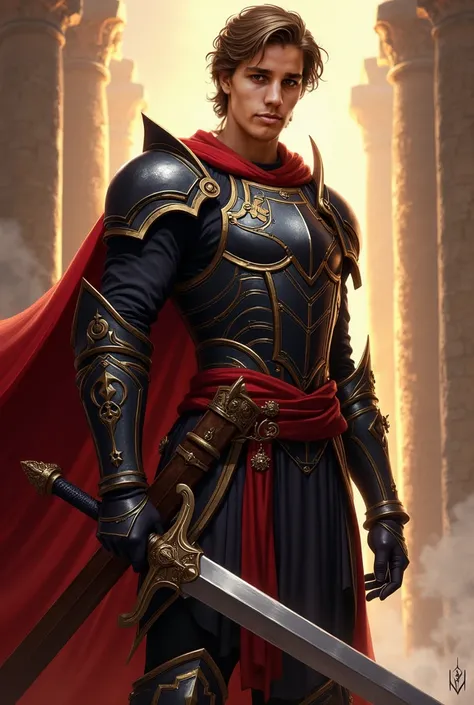 A 17-year-old Aasimar warrior and paladin with a tall, muscular build (1.87 meters). His skin has a mix of olive and golden tones, giving him a divine presence. His facial features are exceptionally handsome, blending Arab and Italian influences. His expre...