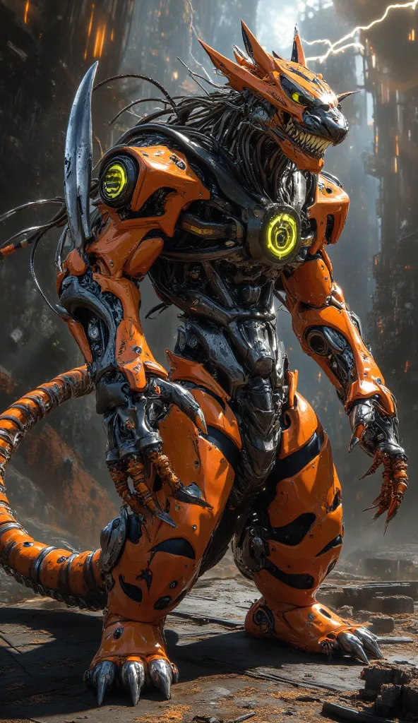 Hyper-realistic image. High quality, 8K Ultra HD. Disney's Tigger infected by the Orange Virus, mutated into a cybernetic bio-robotic monster. His once spongy, vibrant body is now a grotesque fusion of decaying organic tissue and rusting mechanical compone...